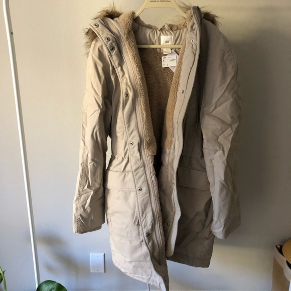 H&M Parka Faux Fur Hooded Y2K Jacket in Tan S - Picture 6 of 16